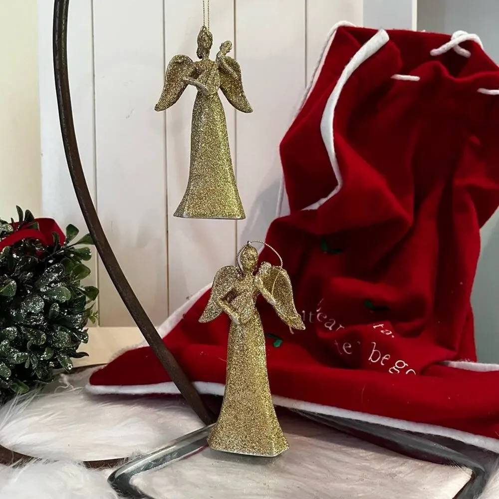 NEW Pottery Barn Angels Winged Sparkling Glitter Holiday Ornaments Set Gold NWOT